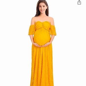 - Women Off Shoulder Ruffle Sleeve Floral Lace Maternity Gown.